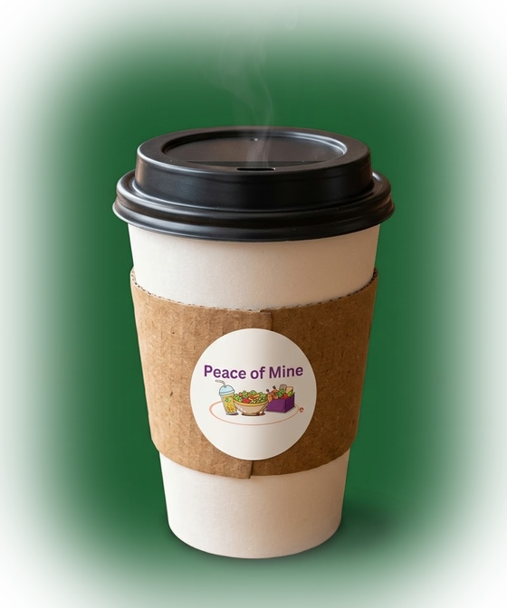 Stivers coffee in a lidded to-go cup with a Peace of Mine sticker, steaming