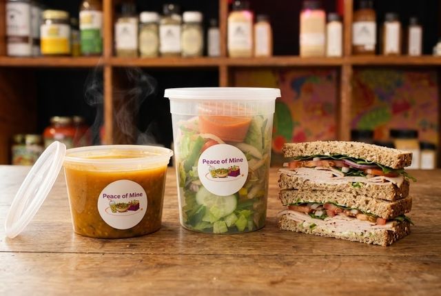 A Peace of Mine lunch on the shop counter: steaming soup, a side salad and a turkey sandwich