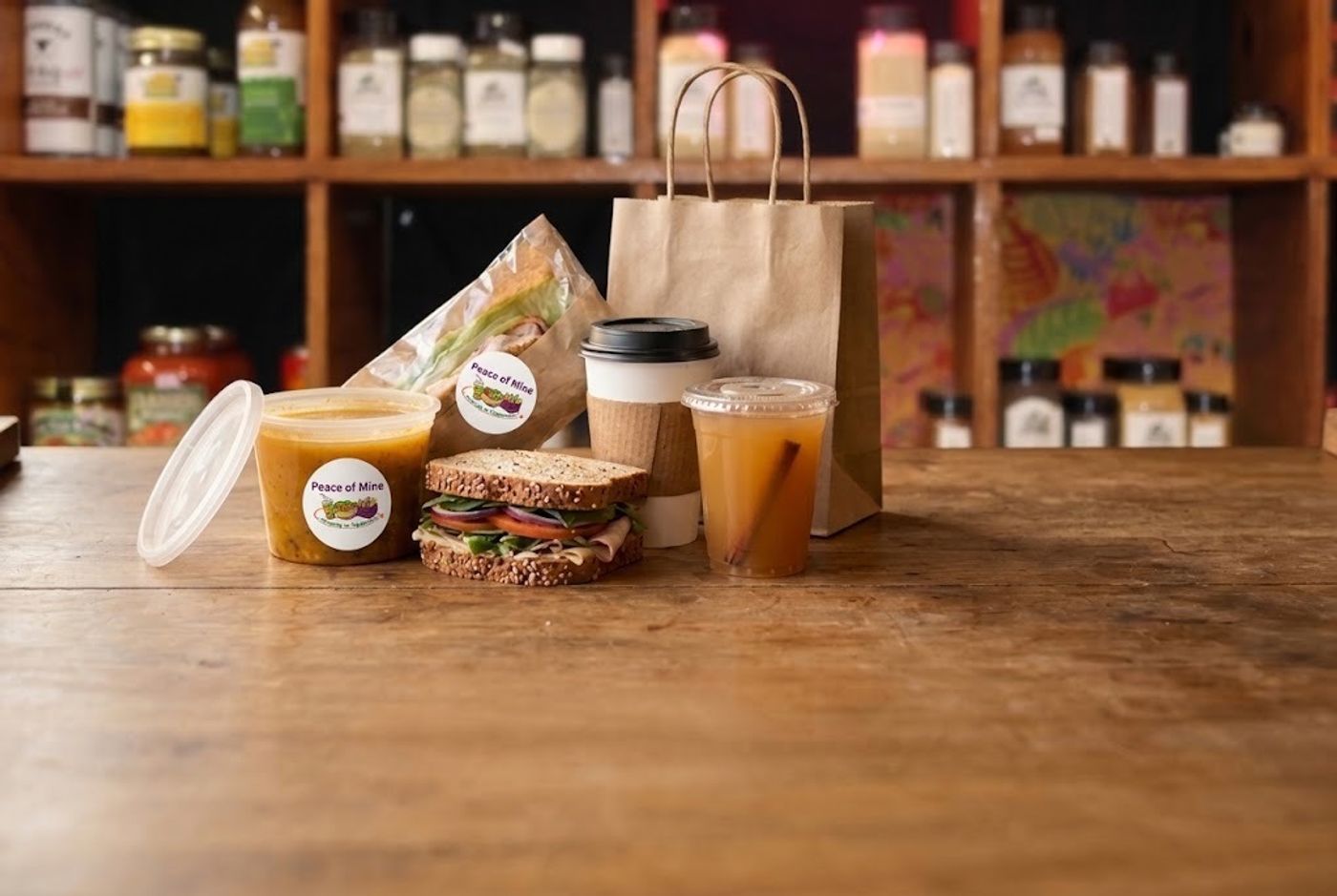 A Peace of Mine to-go order on the counter: seasonal soup, a turkey sandwich, hot cocoa, warm pear cider and a kraft takeout bag